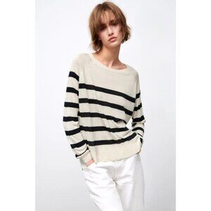 Zara Ivory Black Striped Basic Knit Pullover Sweater Crewneck Womens Size S